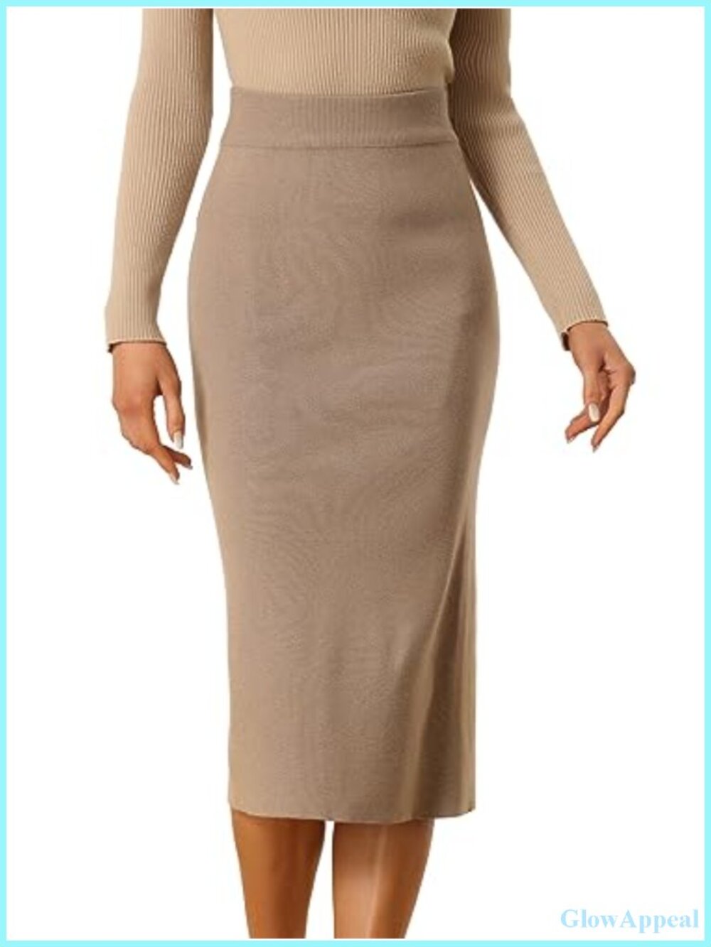 Ribbed Knit Stretchy High Waist Back Slit Pencil Midi Skirt